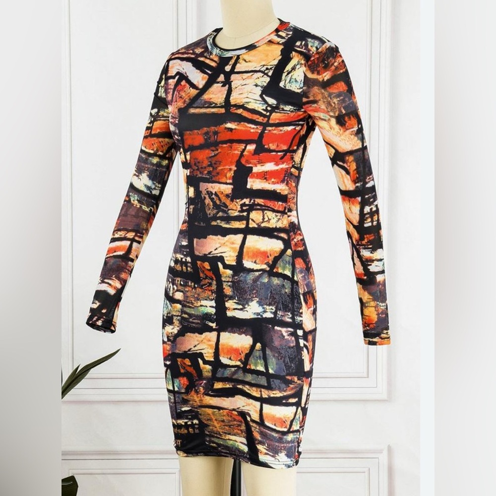 Abstract Print Long Sleeve Dress